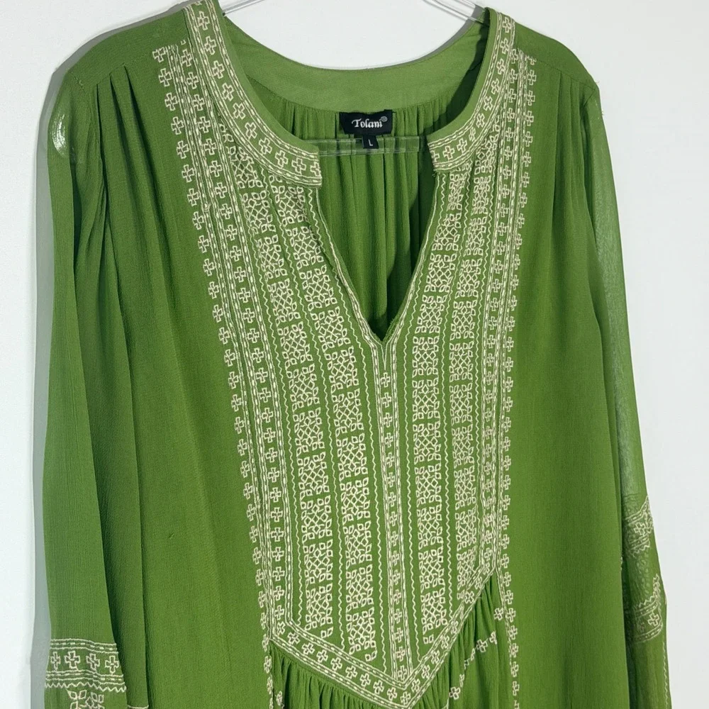 Tolani Lauren Style Lime Green Embroidered Boho Tunic Blouse 100% Viscose Large - Picture 5 of 14